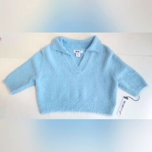 NWT Ladies Williamrast Lt Blue Fuzzy SS Cropped V Neck Women's Sweater Size L